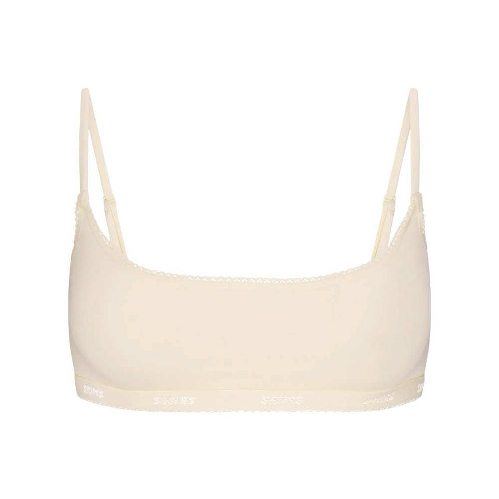 Skims Lightweight Cotton Logo Picot Scoop Bralette - New - Butter Tonal - 3XL